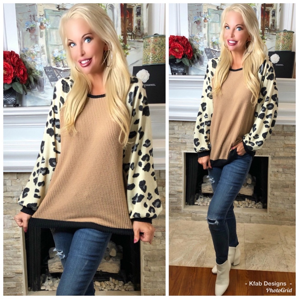 🛍LAST 1! Waffle Knit Leopard Color Block Top! - Picture 7 of 8